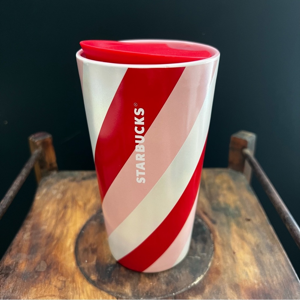Starbucks Pink Red White Pearl Striped Ceramic 12oz Travel Tumbler Pink Inside